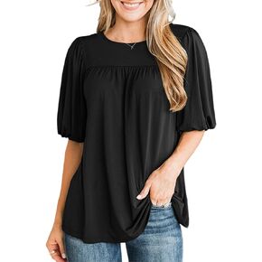LEIYEE Womens Summer Tunic Tops Puff Short Sleeve Casual Cute Round Neck Loose Fit Flowy Swing Pleated T Shirts Blouse