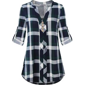 MOQIVGI Womens Roll Tab Sleeve V Neck Plaid Shirts Trendy Casual Checkered Blouse Tops