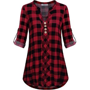 MOQIVGI Womens Roll Tab Sleeve V Neck Plaid Shirts Trendy Casual Checkered Blouse Tops