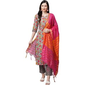 Women's Cotton Blend Straight Printed Kurta With Pant & Dupatta Set in Kuwait