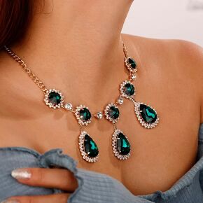 Xerling Green Crystal Bohemian Bib Collar Necklaces for Women Emerald Costume Jewelry Rhinestone Statement Chunky Choker Necklaces Long Pendant Necklaces
