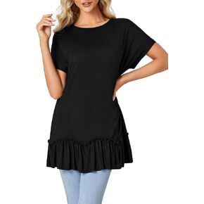 LYANER Women's Round Neck Bat Short Sleeve Ruffle Hem Cassual Solid Tee Shirt Tunic Tops