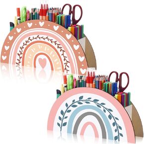 Jetec 2 Pcs Boho Teacher Appreciation Gifts Pencil Holder Rainbow Shape Pencil Holder for Teacher Supplies Wooden Desktop Organizer Sign Desk Gifts(Classic Rainbow)