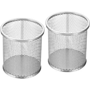 PATIKIL Mesh Pen Holder, 2 Pack Pencil Holder Pencil Basket Pen Cup Locker Organizer Round Makeup Brush Holder for Desk Accessories, Silver