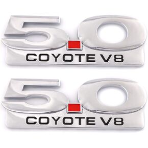 2PCS 5.0 Coyote V8 Emblem Decal Replacement for F150 Fx4 Mustang GT Metal Fender Trunk Badge Nameplate Decorative (Silver)
