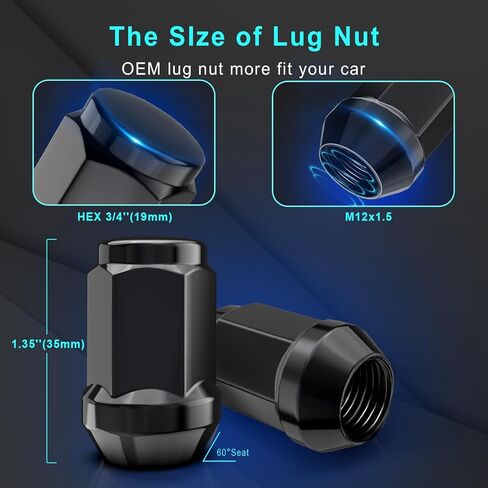 M12x1.5 HEX 3/4"(19mm) OEM Black Lug Nuts-Replacement for 2000-2018 Ford Focus, 2001-2023 Escape, 2006-2020 Fusion, 2005-2023 Chevy Equinox, 2011-2022 Mazda CX-5, 2003-2021 Mazda 3(Set of 20) in Kuwait