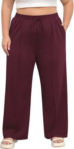 بنطلون نسائي مقاس كبير من POSESHE بخصر مطاطي غير رسمي 2024 صيفي واسع الساق فضفاض مناسب برباط بنطلون رياضي بجيوب in Kuwait