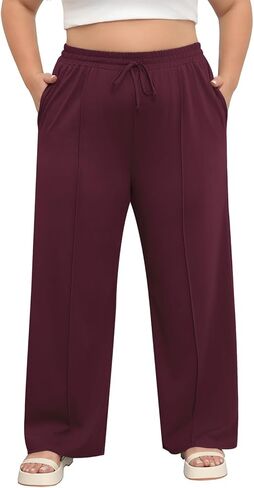 بنطلون نسائي مقاس كبير من POSESHE بخصر مطاطي غير رسمي 2024 صيفي واسع الساق فضفاض مناسب برباط بنطلون رياضي بجيوب in Kuwait