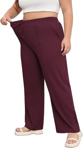 بنطلون نسائي مقاس كبير من POSESHE بخصر مطاطي غير رسمي 2024 صيفي واسع الساق فضفاض مناسب برباط بنطلون رياضي بجيوب in Kuwait