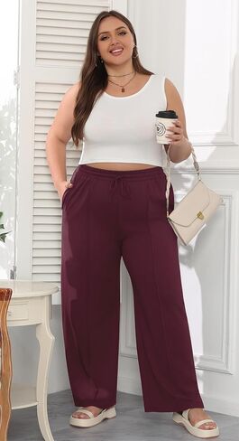 بنطلون نسائي مقاس كبير من POSESHE بخصر مطاطي غير رسمي 2024 صيفي واسع الساق فضفاض مناسب برباط بنطلون رياضي بجيوب in Kuwait