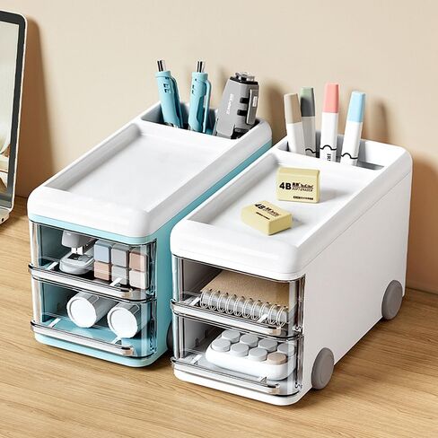 منظم مكتب لطيف مع أدراج من LETURE، مساحة تخزين بلاستيكية لسطح المكتب لبطاقة العمل/القلم/قلم الرصاص/الهاتف المحمول/صندوق حامل القرطاسية، منظم سطح المكتب للمنزل والمدرسة (أبيض) in Saudi Arabia