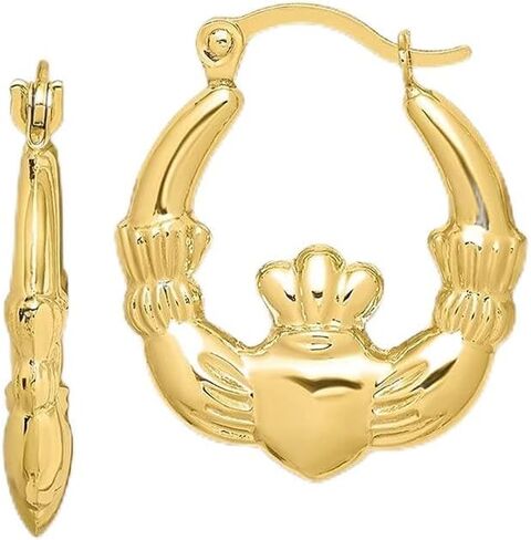 Diamond2Deal 10K Yellow Gold Two Hands Holding Heart Claddagh Hollow Hoop Earrings Fine Jewelry for Women (L-18 mm W-16 mm) in Saudi Arabia