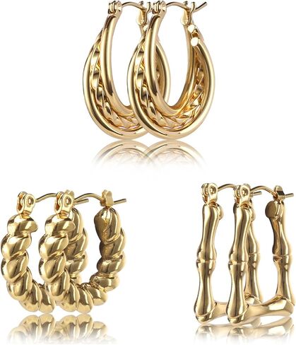 Gold Hoop Earrings Set for Women, 3 Pairs 18K Gold Plated Hypoallergenic Twisted Bamboo Hoops Jewelry in Saudi Arabia