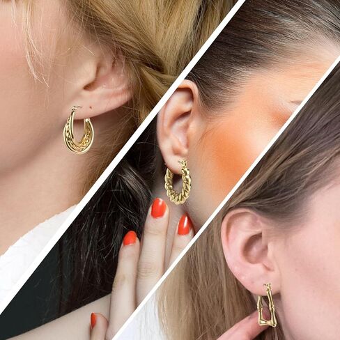 Gold Hoop Earrings Set for Women, 3 Pairs 18K Gold Plated Hypoallergenic Twisted Bamboo Hoops Jewelry in Saudi Arabia