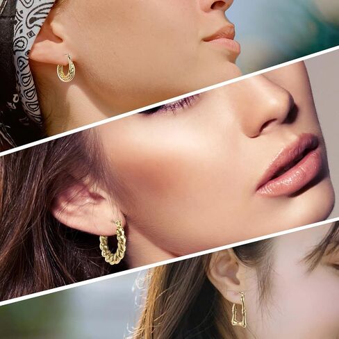 Gold Hoop Earrings Set for Women, 3 Pairs 18K Gold Plated Hypoallergenic Twisted Bamboo Hoops Jewelry in Saudi Arabia