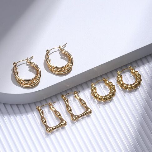 Gold Hoop Earrings Set for Women, 3 Pairs 18K Gold Plated Hypoallergenic Twisted Bamboo Hoops Jewelry in Saudi Arabia