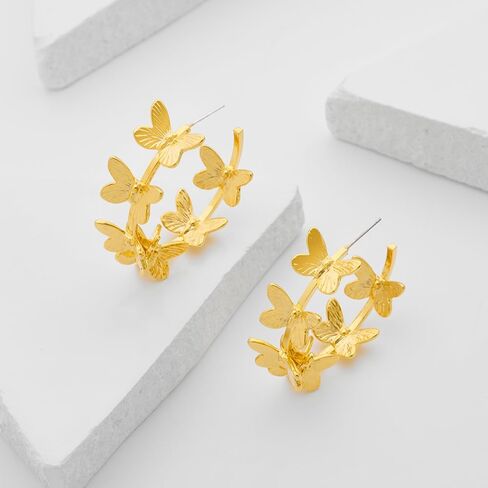 أقراط دائرية ذهبية مكتنزة للنساء أقراط على شكل فراشة هدية مجوهرات أنيقة in Kuwait