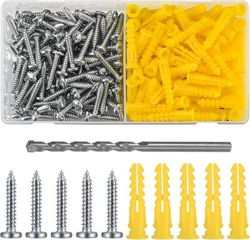 200 Pcs Concrete Wall Anchors and Screws, Super Yellow Anchor and Pan Head Screws Kits, 10# Slotted Phillips Screws and Drywall Anchor Kit for Drywall Masonry, with 1 x Drill Bit in Kuwait