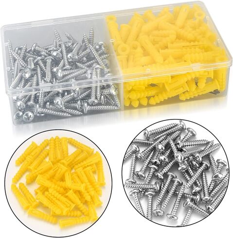 200 Pcs Concrete Wall Anchors and Screws, Super Yellow Anchor and Pan Head Screws Kits, 10# Slotted Phillips Screws and Drywall Anchor Kit for Drywall Masonry, with 1 x Drill Bit in Kuwait