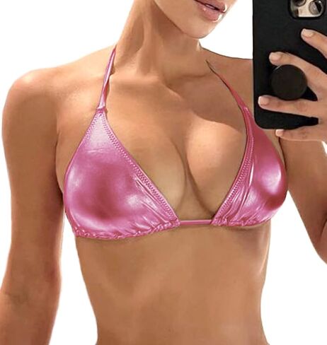Women's Metallic Bikini Top - Halter Shiny Triangle Bralette Rave Tops Tie Side Swimsuit Bra in Saudi Arabia