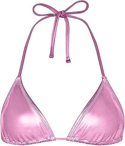 Women's Metallic Bikini Top - Halter Shiny Triangle Bralette Rave Tops Tie Side Swimsuit Bra in Saudi Arabia