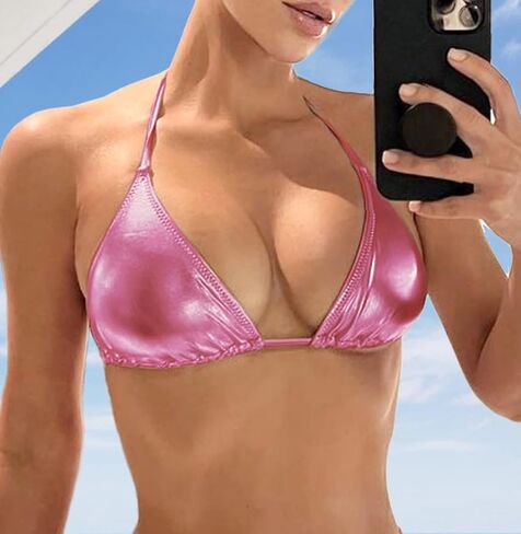 Women's Metallic Bikini Top - Halter Shiny Triangle Bralette Rave Tops Tie Side Swimsuit Bra in Saudi Arabia