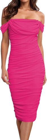 American Trends Women Off Shoulder Mid Dress Ruched Bodycon Tube Dresses Elegant Cocktail Dress for Party in Saudi Arabia