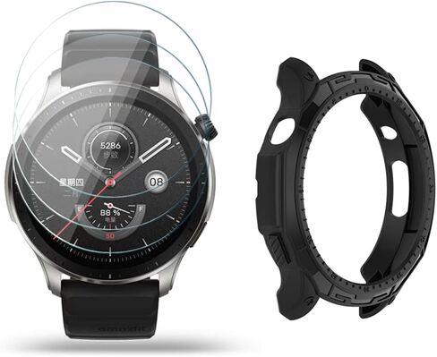 Watch Screen Protector (3+1Pack) Compatible for Amazfit GTR 4, Tempered Glass Film Anti-Scratch High Definition Full Coverage and Soft TPU Protective Case in Kuwait