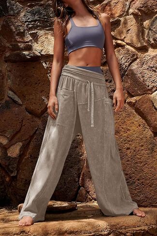 Tongmingyun Womens Summer Palazzo Pants High Waisted Drawstring Wide Leg Casual Beach Pants with Pockets in Kuwait