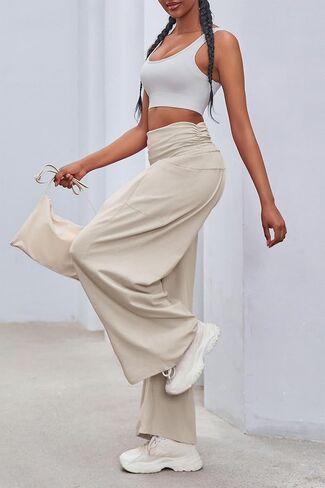 Tongmingyun Womens Summer Palazzo Pants High Waisted Drawstring Wide Leg Casual Beach Pants with Pockets in Kuwait