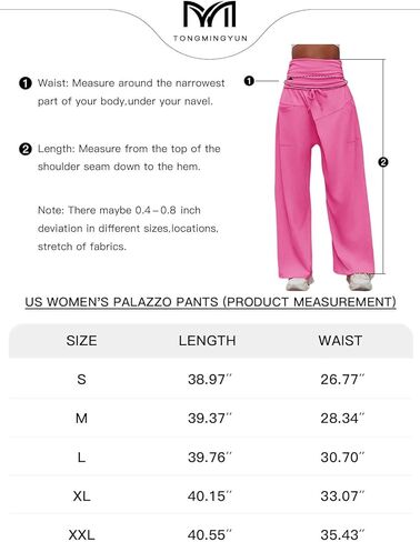 Tongmingyun Womens Summer Palazzo Pants High Waisted Drawstring Wide Leg Casual Beach Pants with Pockets in Kuwait
