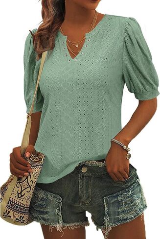 بلوزة نسائية كاجوال من LUYAA، قمصان بفتحة رقبة على شكل حرف V، أكمام صيفية منتفخة، تونيك عصري in Kuwait