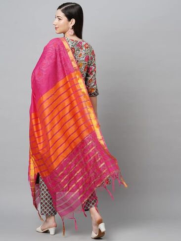 Women's Cotton Blend Straight Printed Kurta With Pant & Dupatta Set in Kuwait
