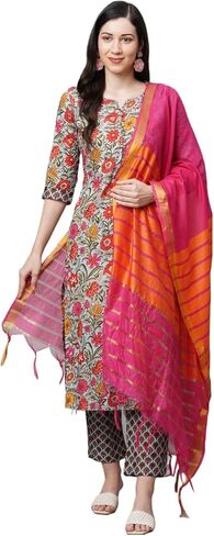 Women's Cotton Blend Straight Printed Kurta With Pant & Dupatta Set in Kuwait