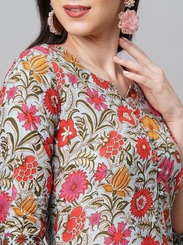 Women's Cotton Blend Straight Printed Kurta With Pant & Dupatta Set in Kuwait