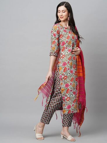 Women's Cotton Blend Straight Printed Kurta With Pant & Dupatta Set in Kuwait