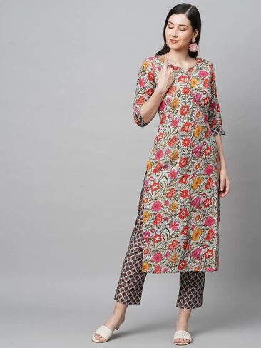 Women's Cotton Blend Straight Printed Kurta With Pant & Dupatta Set in Kuwait