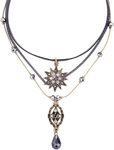 قلادة قلادة للنساء الفتيات الطبقات قلادة نجمة قلادة الكريستال المختنق القلائد الطبقات قلادة سلسلة مع الجلود المختنق خمر نجوم حجر الراين قلادة قلادة قلادة القوطية فريدة من نوعها in Kuwait