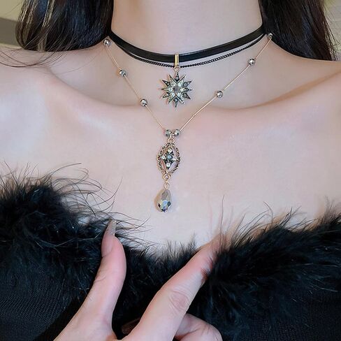 قلادة قلادة للنساء الفتيات الطبقات قلادة نجمة قلادة الكريستال المختنق القلائد الطبقات قلادة سلسلة مع الجلود المختنق خمر نجوم حجر الراين قلادة قلادة قلادة القوطية فريدة من نوعها in Kuwait