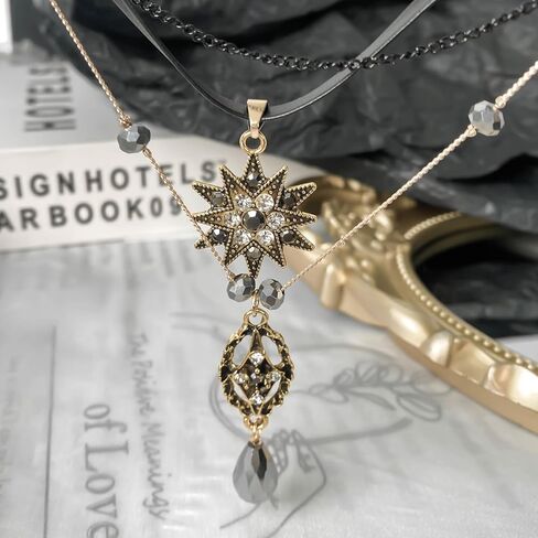 قلادة قلادة للنساء الفتيات الطبقات قلادة نجمة قلادة الكريستال المختنق القلائد الطبقات قلادة سلسلة مع الجلود المختنق خمر نجوم حجر الراين قلادة قلادة قلادة القوطية فريدة من نوعها in Kuwait