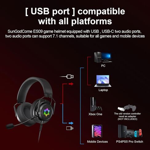 سماعة ألعاب USB ES09: صوت محيطي 7.1، محرك 50 مم، ميكروفون إلغاء الضوضاء قابل للفصل، أغطية أذن من إسفنج الذاكرة، ضوء RGB، للكمبيوتر الشخصي، PS4، PS5، Xbox One، Switch-Black in Saudi Arabia