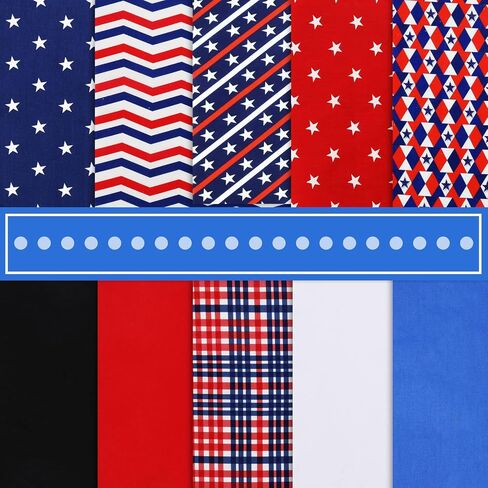 Whaline 10Pcs Patriotic Cotton Fabric Bundles Red Blue White Plaid Stripe Star Printed Fat Quarters Quilting Patchwork Squares Sewing Fabrics for DIY Handmade Crafting Home Party Decor, 10 x 10 Inch in Saudi Arabia