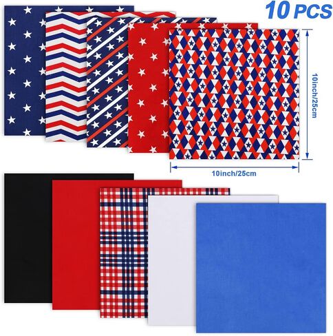 Whaline 10Pcs Patriotic Cotton Fabric Bundles Red Blue White Plaid Stripe Star Printed Fat Quarters Quilting Patchwork Squares Sewing Fabrics for DIY Handmade Crafting Home Party Decor, 10 x 10 Inch in Saudi Arabia
