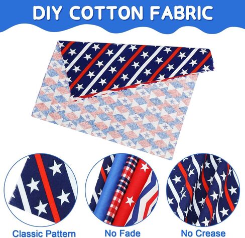 Whaline 10Pcs Patriotic Cotton Fabric Bundles Red Blue White Plaid Stripe Star Printed Fat Quarters Quilting Patchwork Squares Sewing Fabrics for DIY Handmade Crafting Home Party Decor, 10 x 10 Inch in Saudi Arabia