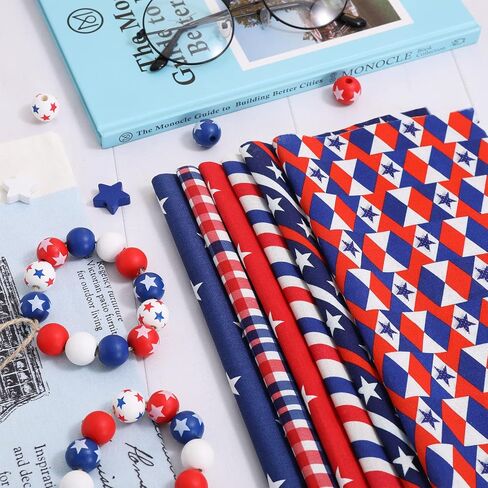 Whaline 10Pcs Patriotic Cotton Fabric Bundles Red Blue White Plaid Stripe Star Printed Fat Quarters Quilting Patchwork Squares Sewing Fabrics for DIY Handmade Crafting Home Party Decor, 10 x 10 Inch in Saudi Arabia