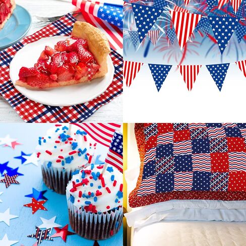 Whaline 10Pcs Patriotic Cotton Fabric Bundles Red Blue White Plaid Stripe Star Printed Fat Quarters Quilting Patchwork Squares Sewing Fabrics for DIY Handmade Crafting Home Party Decor, 10 x 10 Inch in Saudi Arabia