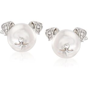 Ross-Simons 8-8.5mm Cultured Pearl Dog Earrings With Diamond Accents in Sterling Silver in Saudi Arabia