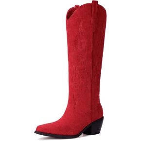 Pasuot Western Cowboy Boots for Women - Knee High Wide Calf Cowgirl Boots with Classic Embroidered, Slip On Pointed Toe Chunky Heel Fashion Retro Classic Pull On Tall Boot Light Brown Size 5.5 in Kuwait