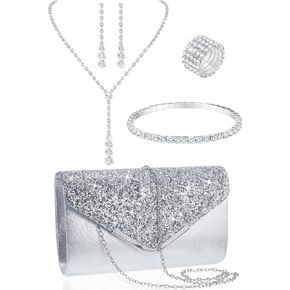 Henoyso 5 Pcs Purse Rhinestone Jewelry Set Prom Jewelry Rhinestone Clutch Purse Necklace Earrings Bracelets for Wedding Women Bride in Saudi Arabia