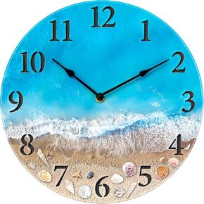 Beach Wall Clock Battery Operated- 12 Inch Glass Clock Non Ticking - Coastal Theme Nautical Blue Wall Clock for Bathroom Living Room Bedroom Kitchen Office Decor in Saudi Arabia